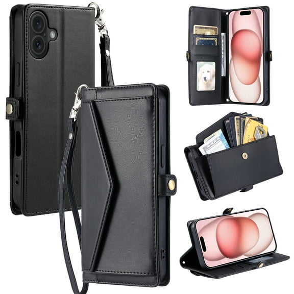 for iPhone 16 Plus Wallet Case,Kickstand,Crossbody Phone Case with Lanyard Strap Purse Case Flip Credit Card Holder Soft Girls Lady Shockproof Phone Case Cover for iPhone 16 Plus,Black