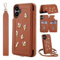 for iPhone 16 Plus Wallet Case, Magnetic Snap Flip PU Leather TPU Cover with Flower Design Credit Card Holder Stand Wristband Shoulder Strap Protective Phone Case for Women Girls, Brown