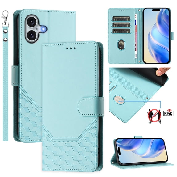 for iPhone 16 Plus Wallet Case for Men Women, RFID Blocking Card Holder Slots, Wrist Strap & Shoulder Strap Shockproof TPU Inner, Kickstand PU Leather Protective Phone Cover, Mint
