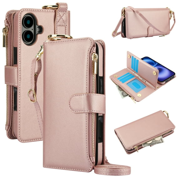 for iPhone 16 Plus Wallet Case, Multi-Functional Purse Case with Card Holders Zipper Pocket, RFID Blocking Full Body Case, Shoulder Strap Wristband Crossbody Cover for iPhone 16 Plus, Rosegold
