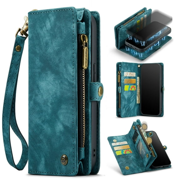 For iPhone 16 Plus Wallet Case,Multi-Functional Retro Leather Purse Flip Cover Zipper Wallet Case with Removable Card Slots Pocket & Detachable Wrist Strap Magnetic Phone Case, Green