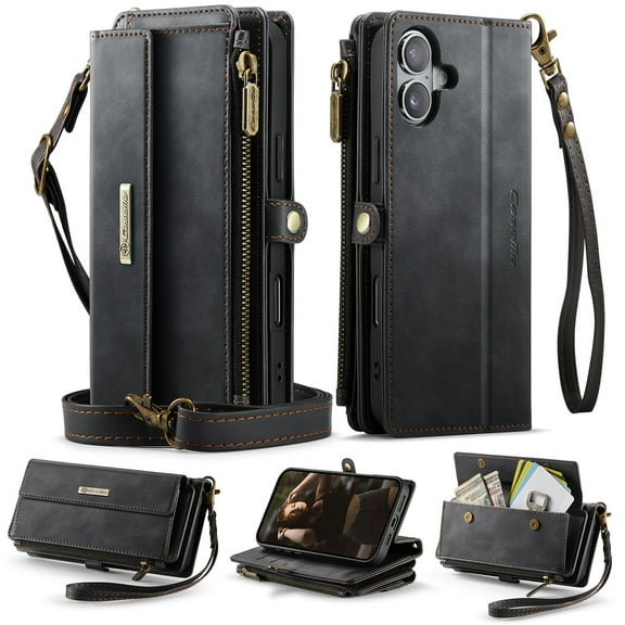 for iPhone 16 Plus Wallet Case with RFID Blocking Card Slots Zipper Pocket, PU Leather Kickstand Full Body Rugged Protection Shoulder & Wrist Strap Heavy Duty Shockproof Cover, Black