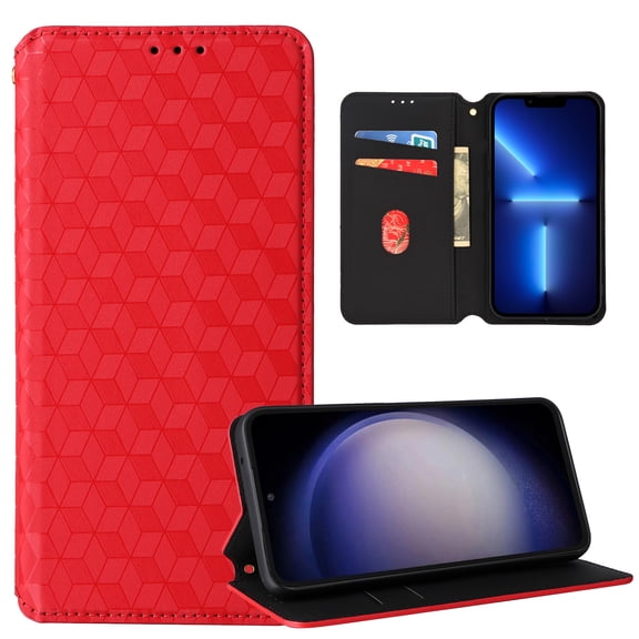 For iPhone 16 Plus Wallet Case with RFID Blocking ID Credit Card Holder, Luxury Diamond Patterned Shiny PU Leather Magnetic Folio Book Flip Kickstand Shockproof Phone Case, Red
