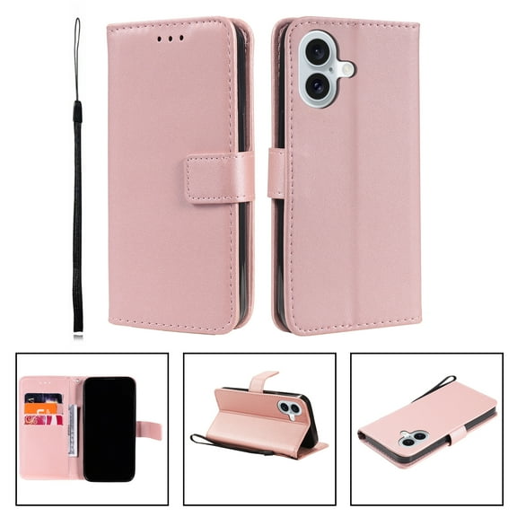for iPhone 16 Plus Wallet Case RFID Blocking,Premium Solid Color PU Leather Magnetic Buckle Folio Kickstand Flip with Card Slots & Kickstand Full Body Phone Case,Rosegold