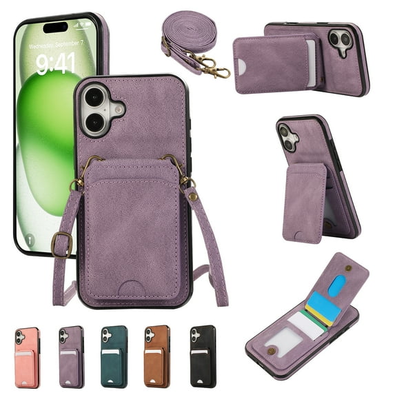 for iPhone 16 Plus Wallet Case with Shoulder Lanyard Strap, Crossbody Phone Case with Card Holder Slots for Women Girls, Luxury PU Leather Flip Stand Purse Cover Shockproof Case, Purple