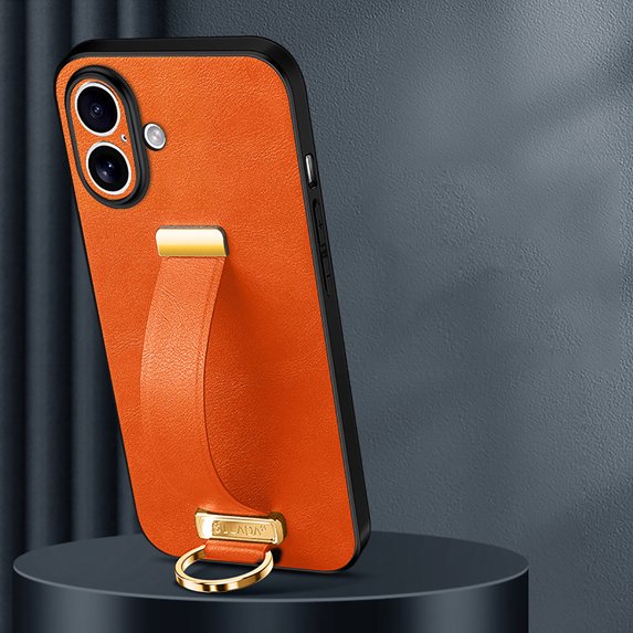 For iPhone 16 Plus Wallet Case with Wristband Strap Kickstand Case fits iPhone 16 Plus Ring Finger Holder Grip Premium Classic PU Leather Shockproof Phone Cover for Women & Men,Orange