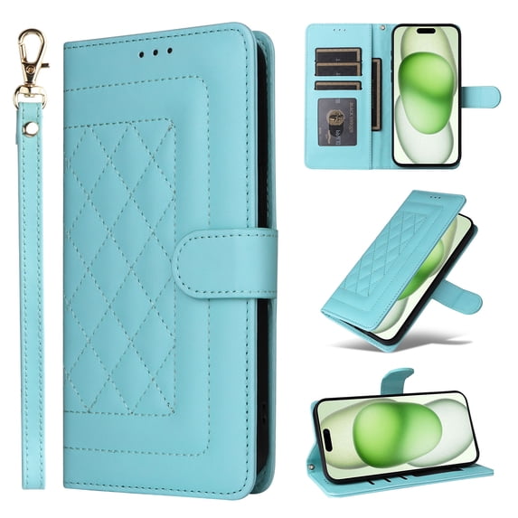 for iPhone 16 Plus Wallet Flip Case, Classic PU Leather Card Slots with Lanyard Magnetic Closure Kickstand Drop Protective Soft TPU Inner Phone Case Cover for iPhone 16 Plus, Mint