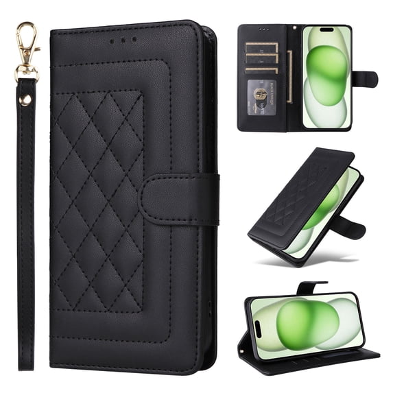 for iPhone 16 Plus Wallet Flip Case, Classic PU Leather Card Slots with Lanyard Magnetic Closure Kickstand Drop Protective Soft TPU Inner Phone Case Cover for iPhone 16 Plus, Black