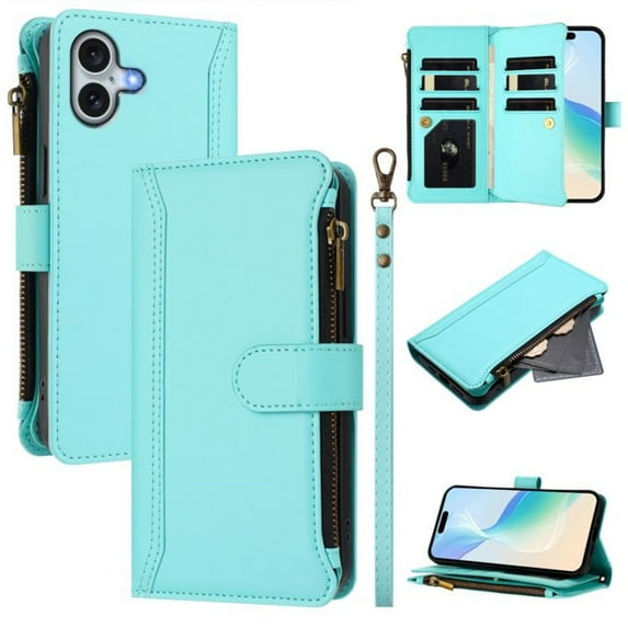For iPhone 16 Plus Wallet Phone Case-PU Leather Magnetic Flip Cover with 9 Credit Card Slots,Zipper Pocket & Detachable Wrist Strap,Shockproof,Mint Green,For iPhone 16 Plus
