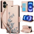thumbnail image 1 of For iPhone 16 Plus Wallet Phone Case,With Card Slots,Flip Folding Kickstand,Flower&butterfly Print Design,PU Leather Shockproof Proitection,With Wrist Strap,Anti-fall Folio Phone Case,Rosegold, 1 of 6