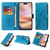 for iPhone 16 Plus Wallet Phone Case,Women Flip Folio Cover with Credit Card Holders Emboss Butterfly & Flower PU Leather Purse Kickstand Case With Wrist Strap for iPhone 16 Plus,Blue
