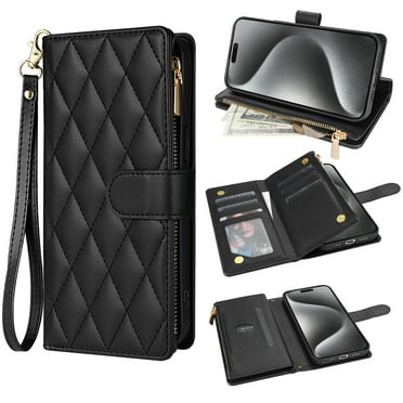 for iPhone 16 Plus Wallet Phone case with Card Holder,Kickstand RFID Blocking PU Leather Flip Shockproof Phone Cover with Hand Strap Zipper Credit Card Holder Slots for Women Men,Black