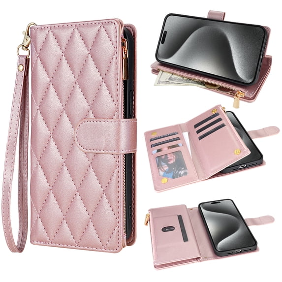 for iPhone 16 Plus Wallet Phone case with Card Holder,Phone case RFID Blocking PU Leather Flip Shockproof Cover with Hand Strap Zipper Credit Card Holder Slots for Women Men,Rosegold