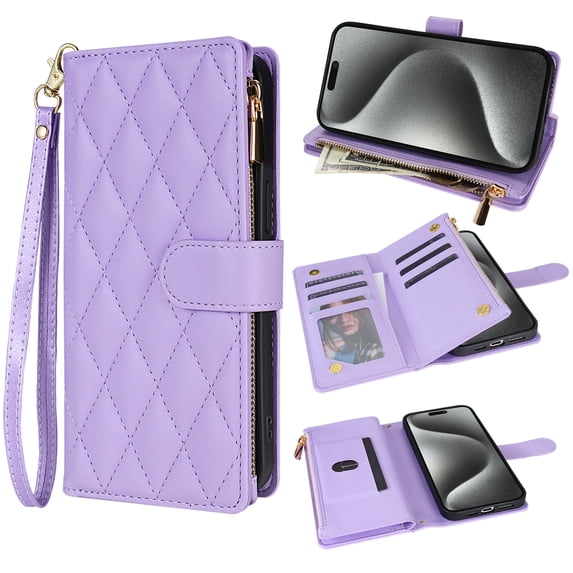 for iPhone 16 Plus Wallet Phone case with Card Holder,Phone case RFID Blocking PU Leather Flip Shockproof Cover with Hand Strap Zipper Credit Card Holder Slots for Women Men,Purple