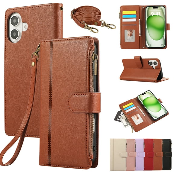 for iPhone 16 Plus Wallet case with Card Holder for Women Men,Phone case RFID Blocking PU Leather Flip Cover with Strap Zipper Credit Card Slots,Kickstand,With Wrist Strap,Brown