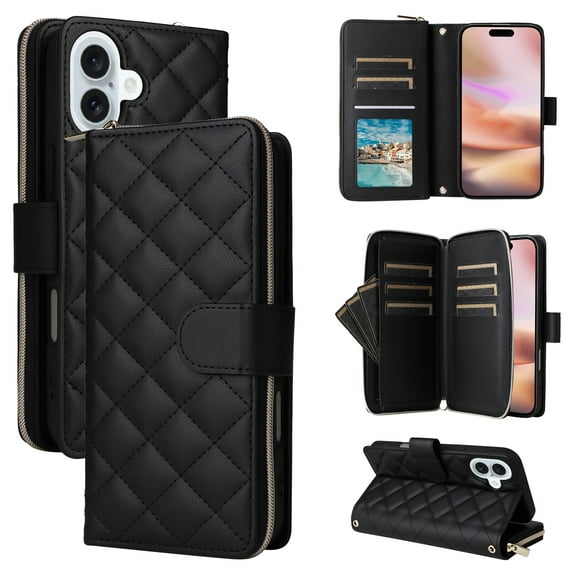 for iPhone 16 Plus Zipper Wallet Case with Card Holder - PU Leather Stand Phone Case, Crossbody Shoulder Strap & Wrist Strap, Shockproof Protective Phone Cover for iPhone 16 Plus, Black
