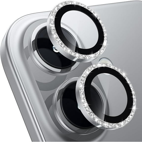 iPhone 16 Plus/iPhone 16 Camera Lens Protector - [Keep Original Shooting] Shatterproof 9H Tempered Glass Camera Screen Protector Metal Ring Cover Film Accessories Titanium Glitter Silver