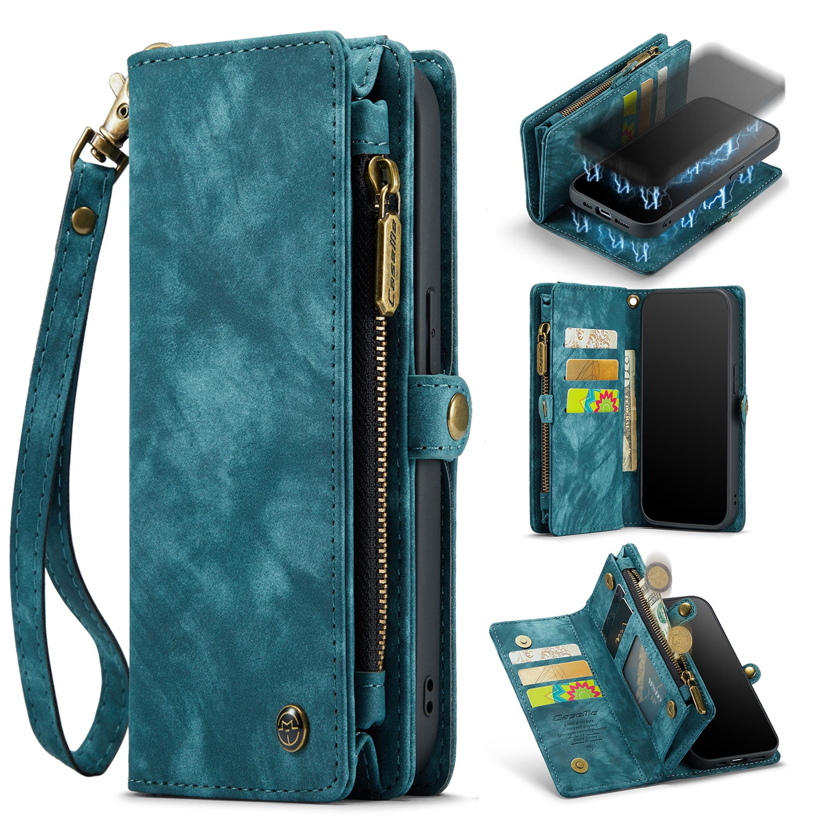 for iPhone 16 Premium PU Leather Folding Case, Multiple Card Slots Design, Wrist Strap Zipper Pocket Kickstand Magnetic Snap, Wireless Charging for iPhone 16, Green