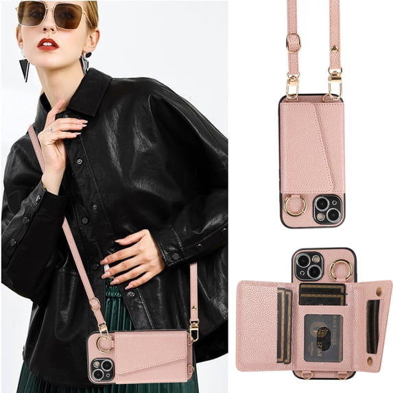 for iPhone 16 Pro 6.3" Crossbody Wallet Case, Ring Buckle Card Holder Phone Case with Shoulder Strap, Classic Folio PU Leather Cover with Lens Film Makeup Mirror for iPhone 16 Pro, Rosegold