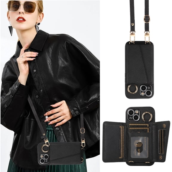 for iPhone 16 Pro 6.3" Crossbody Wallet Case, Ring Buckle Card Holder Phone Case with Shoulder Strap, Classic Folio PU Leather Cover with Lens Film Makeup Mirror for iPhone 16 Pro, Black