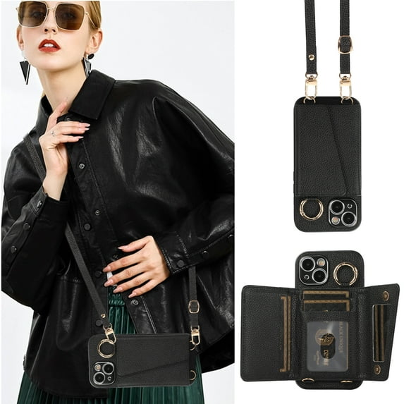 for iPhone 16 Pro 6.3" Crossbody Wallet Case, Ring Buckle Card Holder Phone Case with Shoulder Strap, Classic Folio PU Leather Cover with Lens Film Makeup Mirror for iPhone 16 Pro, Black