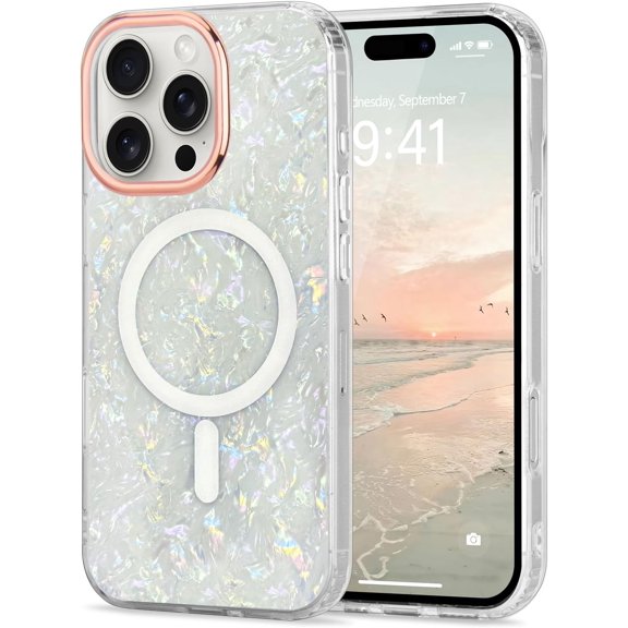 for iPhone 16 Pro 6.3 Inch Cute Girly Women Case, Compatible with Magsafe Slim Colorful Sparkle Seashell Pattern Translucent Cover Soft TPU Protective Magnetic Bumper Case, White