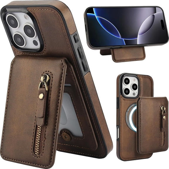 for iPhone 16 Pro/Apple 16 Pro Case Zipper Wallet with Card Holder, [Compatible with MagSafe] 2 in 1 Flip Premium Leather with Kickstand for Apple iPhone 16 Pro. ZFT-Retro Brown