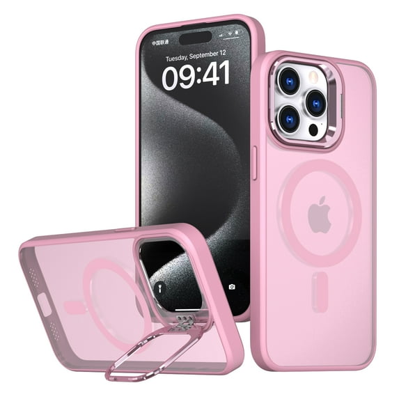 for iPhone 16 Pro Back Case with Camera Stand, Compatible with Magsafe Military Grade Shockproof Protective Translucent Matte Magnetic Slim Fit Phone Case for iPhone 16 Pro, Pink