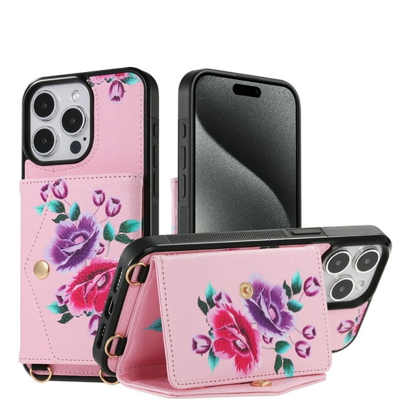 for iPhone 16 Pro, Card Slots Back Case, 1 Shoulder Strap and 1 Lanyard, Floral Pattern PU Leather RFID Blocking Make-up Mirror Kickstand Magnetic Clasp Phone Cover for Women Girls, Pink