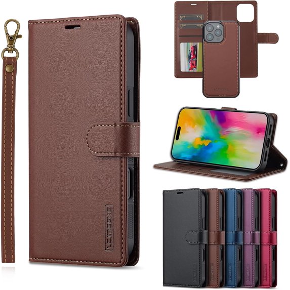 for iPhone 16 Pro Case, 2 in1 Multifunctional Detachable Wallet Phone Case for Men Women with RFID Blocking Card Holder Wrist Strap Shockproof Protective Case for iPhone 16 Pro (Brown)