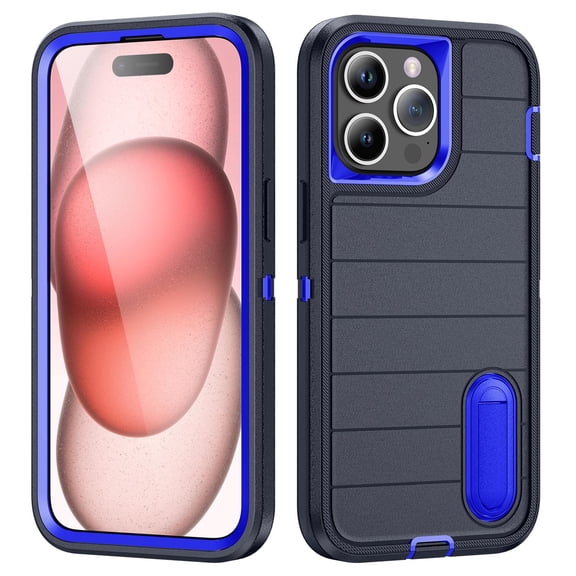 for iPhone 16 Pro Case with Built in Kickstand Heavy Duty 3-Layer[Shockproof][Dropproof][Dust-Proof] Military Grade Rugged Edge Raised Protection Cover Case For iPhone 16 Pro,Darkblue/Darkblue