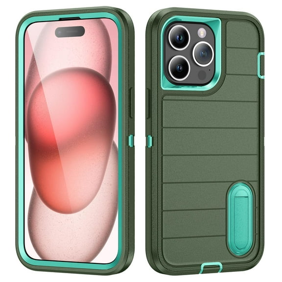 for iPhone 16 Pro Case with Built in Kickstand Heavy Duty 3-Layer[Shockproof][Dropproof][Dust-Proof] Military Grade Rugged Edge Raised Protection Cover Case For iPhone 16 Pro,Darkgreen/Mint