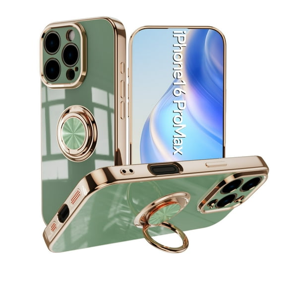 for iPhone 16 Pro Case, Built-in 360° Rotation Ring Holder Kickstand, Luxury Shiny Plating Edge Shockproof Electroplated Slim Protective Phone Cover for iPhone 16 Pro, Fruitgreen