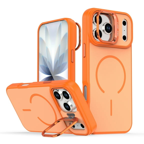 for iPhone 16 Pro Case with Built-in Camera Stash Stand, Compatible with MagSafe, Slim Fit & Lightweight Magnetic Hard Back Soft Edge Anti-Yellow Sturdy Flexible Shockproof Cover, Orange