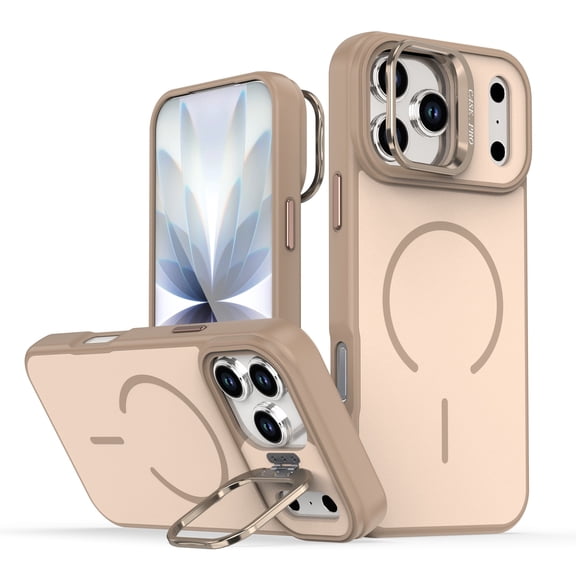 for iPhone 16 Pro Case with Built-in Camera Stash Stand, Compatible with MagSafe, Slim Fit & Lightweight Magnetic Hard Back Soft Edge Anti-Yellow Sturdy Flexible Shockproof Cover, Desertgold