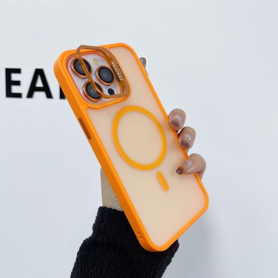 for iPhone 16 Pro Case, Built-in Stash Camera Stand Matte Translucent Slim Cover for iPhone 16 Pro Compatible with Magsafe Shockproof Protective Phone case for Women Men, Orange