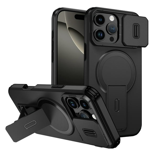 for iPhone 16 Pro Case with Camera Sliding Cover & Adjustable Kickstand, Magnetic Wireless Charging Rugged Shockproof Bumper Cases Heavy-Duty Magnetic Protective Phone Cover, Black