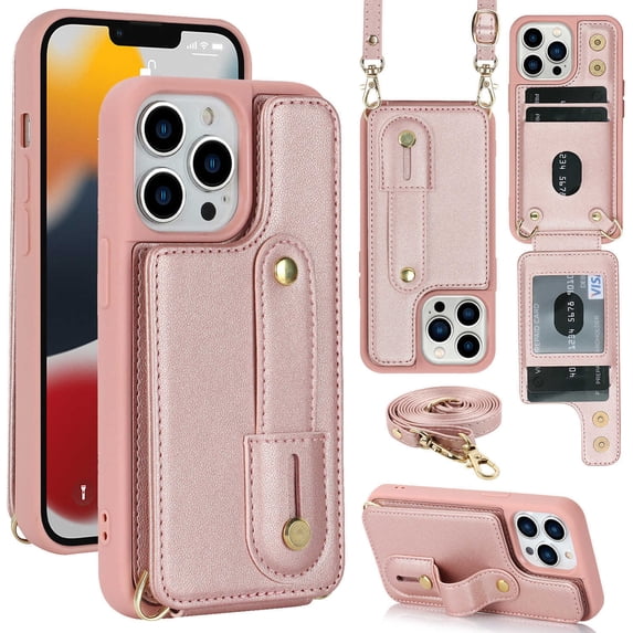 for iPhone 16 Pro Case with Card Holder Crossbody Lanyard Strap Leather Wallet Case with Magnetic Clasp Kickstand Heavy Duty Protective Back Flip Phone Cover for Women,Rosegold