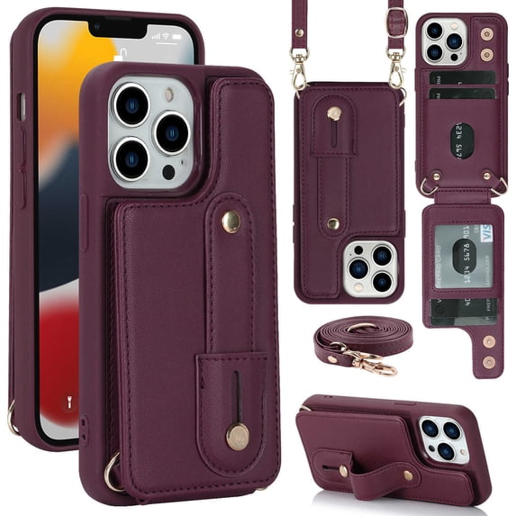 for iPhone 16 Pro Case with Card Holder Crossbody Lanyard Strap Leather Wallet Case with Magnetic Clasp Kickstand Heavy Duty Protective Back Flip Phone Cover for Women,Winered