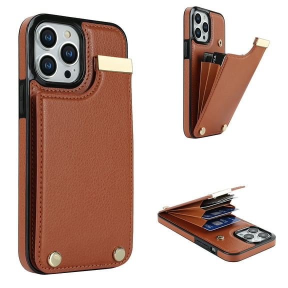 for iPhone 16 Pro Case with Card Holder, RFID Blocking, Kickstand, Premium PU Leather Shockproof Protective Back Folded Magnetic Clasp Cover Phone Case For iPhone 16 Pro,Brown