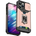 thumbnail image 1 of for iPhone 16 Pro Case with Card Holder Ring Kickstand Slide Camera Cover iPhone 16 Pro Case Heavy Duty Protection Shockproof Rugged for iPhone 16 Pro Phone Cover, Rosegold, 1 of 7