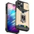 thumbnail image 1 of for iPhone 16 Pro Case with Card Holder Ring Kickstand Slide Camera Cover iPhone 16 Pro Case Heavy Duty Protection Shockproof Rugged for iPhone 16 Pro Phone Cover, Gold, 1 of 7