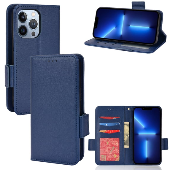 for iPhone 16 Pro Case, Classic Design PU Leather Wallet Magnetic Closure Flip Case with Kickstand Card Holder Slot Shockproof Protective Cover for iPhone 16 Pro - Darkblue