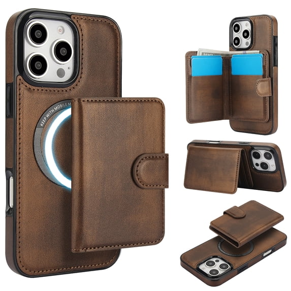 for iPhone 16 Pro Case, Compatible with MagSafe, Detachable Magnetic Wallet Case with PU Leather Kickstand Card Slots Shockproof Protection 2 In 1 Function Case for iPhone 16 Pro, Brown