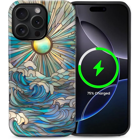 for iPhone 16 Pro Case, Compatible with MagSafe, Dual-Layer Hard Shell, Silicone Cover, Full Body Protection Shockproof Case for iPhone 16 Pro-Sun Rays Ocean Waves Stained Glass