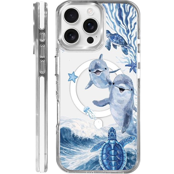 for iPhone 16 Pro Case,Compatible with MagSafe,The Transparent TPU Silicone Protects The Phone Case from Drops, Slips and Fingerprints.Ocean Dolphin and Turtle Collage