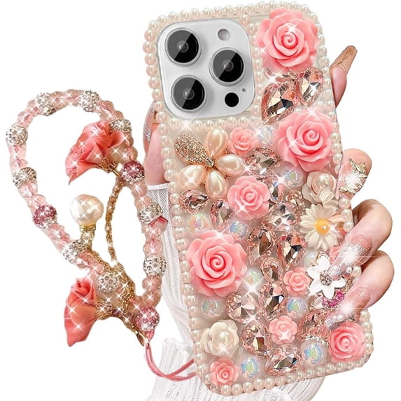 for iPhone 16 Pro Case,Cute Bling Glitter Sparkle Stunning Stones Diamond Rhinestone 3D Handmade Pearl Rose Flower with Wrist Lanyard for Women Girly for iPhone 16 Pro (Pink)