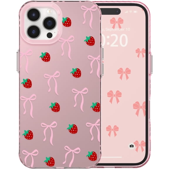 for iPhone 16 Pro Case Cute Ribbon Bow Strawberry Aesthetic Pattern Case for Women Girls, Girly Trendy Glossy Slim Shockproof Protective Bumper Cover, Strawberry Ribbon/Pink