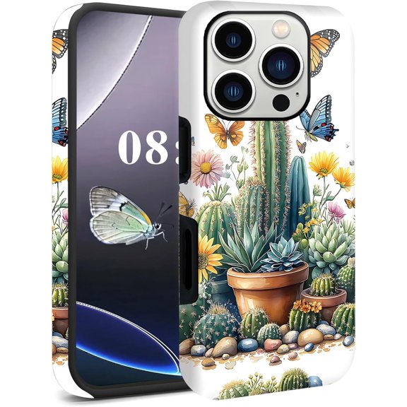 for iPhone 16 Pro Case, Dual Layer PC + Soft TPU Heavy Duty 2 in 1 Shockproof Protective Phone Case for iPhone 16 Pro (6.3") 2024 Cute Pattern – Flowers Cactus Succulents