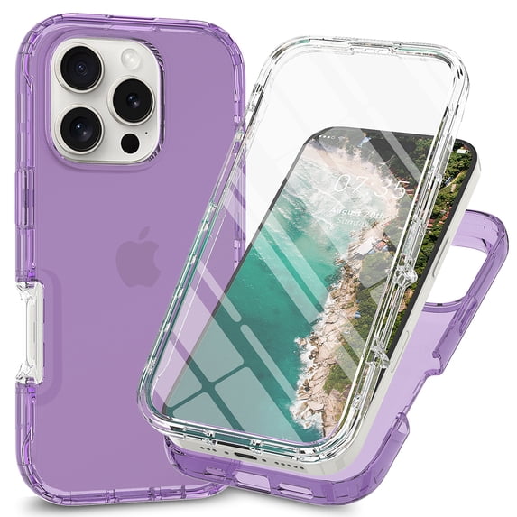 for iPhone 16 Pro Case, Full-Body Sturdy Shockproof Clear Case with HD Screen Protector Shock Resistant Hybrid Transparent TPU Bumper Protective Cover for iPhone 16 Pro, Purple